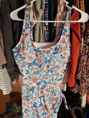 Floral Scoop Neck Womens Bathing Suit in Blue & Peach